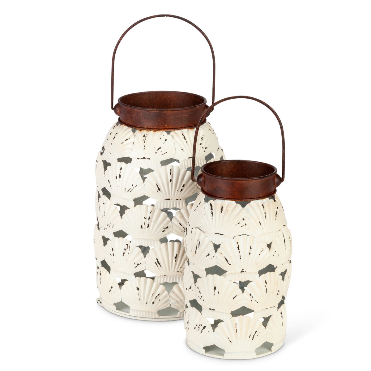 Gerson 94625ec Assorted-size White Metal Shell Lanterns With Bronze Rim & Handle Accent - Set Of 2