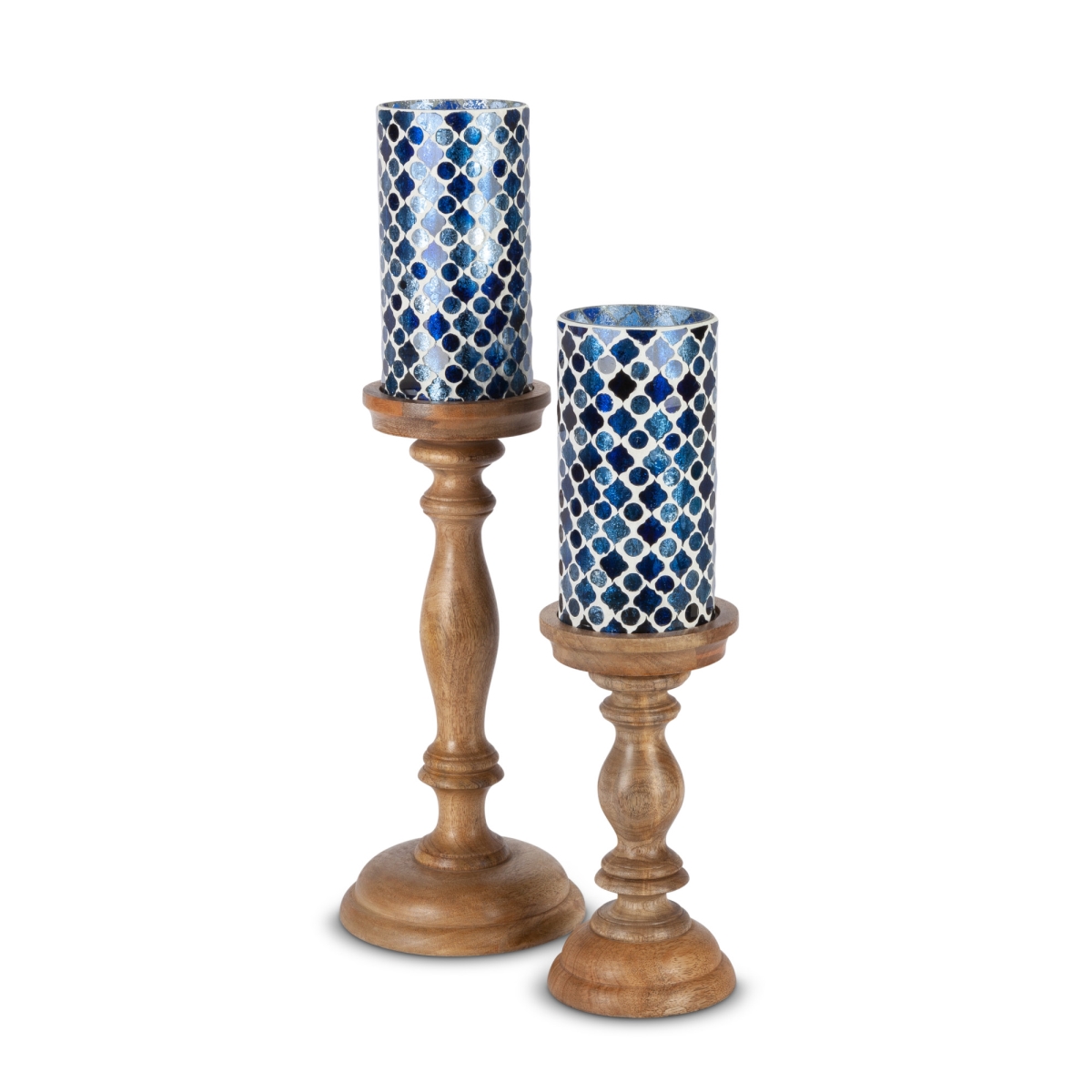 Gerson 94650ec Assorted-size Blue Mosaic Glass Candle Holders With Mango Wood Stands - Set Of 2