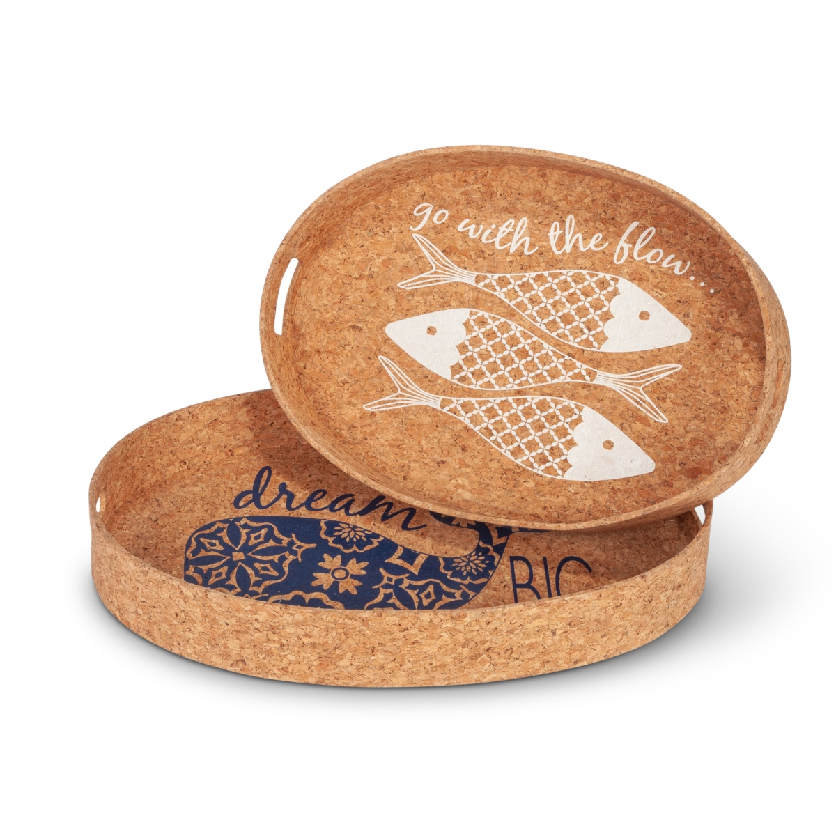 Gerson 94660ec Assorted Nautical Oval Cork Wrapped Metal Trays With Fish Designs On Tray - Brown - Set Of 2