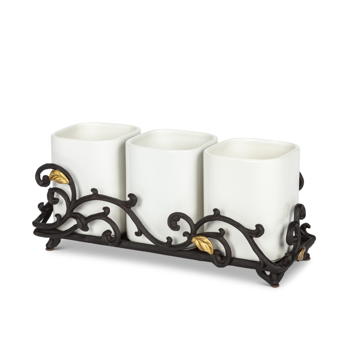 Gerson 94742 Gold Leaf Ceramic 3-vase Flatware Caddy With Espresso Brown Vines & Gold Leaf Accented Base - Multi Color
