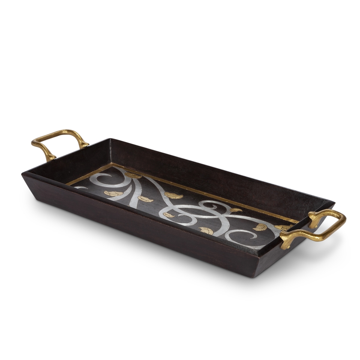 Gerson 94756 29 In. Long Gold Leaf Rectangular Mango Wood Tray With Gold Handles - Black