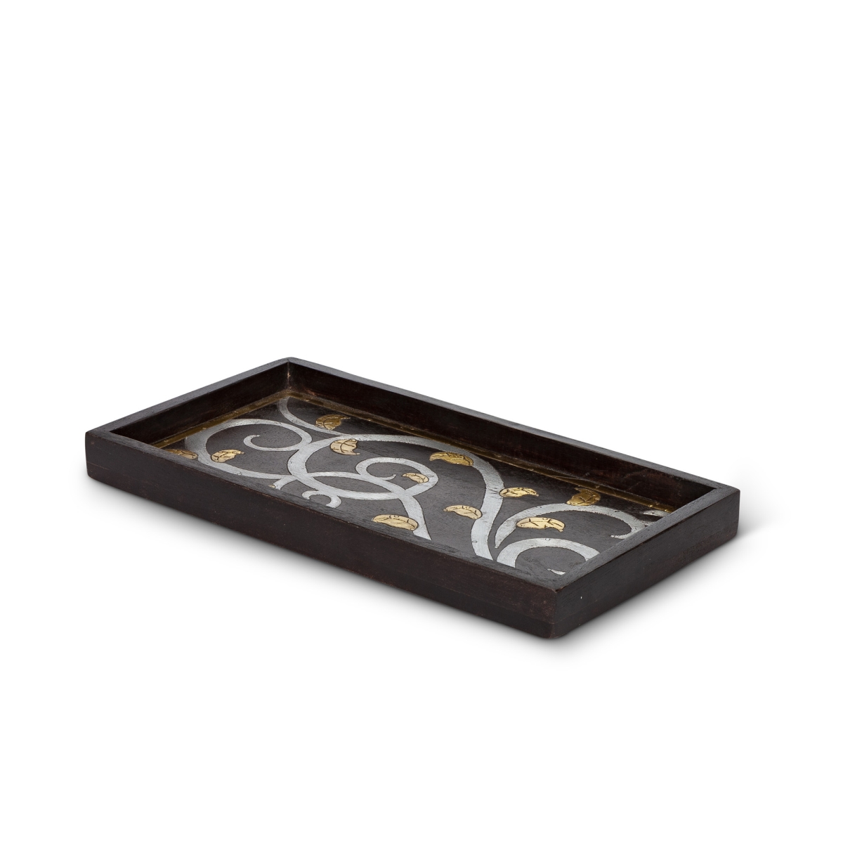 Gerson 94757 Unique Hand-crafted 14 In. Long Gold Leaf Mango Wood Tray With Gold-tone Handles - Black