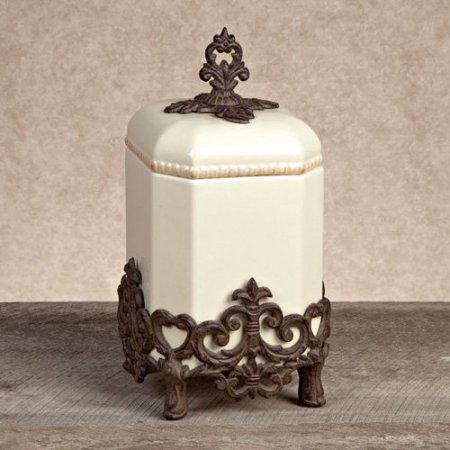 31627 14 In. Tall Provencial Cream Canister With Brown Metal Scrolled Base