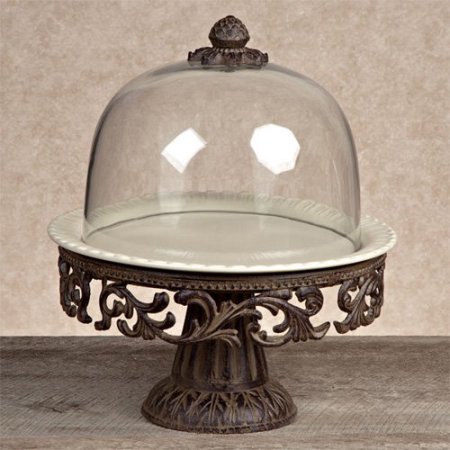 31649 Glass Domed Cake Pedestal With Acanthus Leaf Ornate Brown Metal Base & Cream Ceramic Plate
