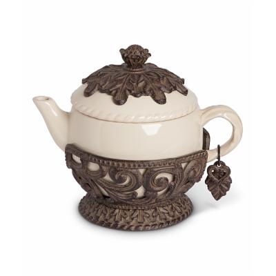 31827 32 Oz Cream Ceramic Teapot With An Acanthus Leaf Metal Base