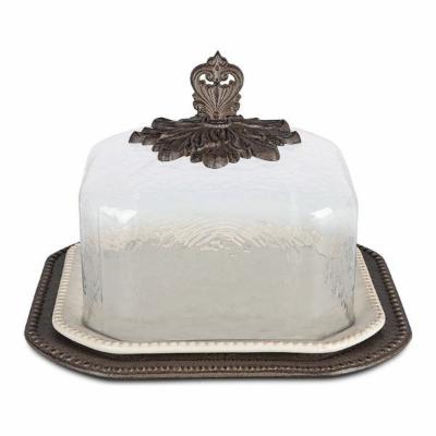 92629 17 In. Cream Ceramic Pastry Keeper With Glass Dome & Acanthus Leaf Metal Base