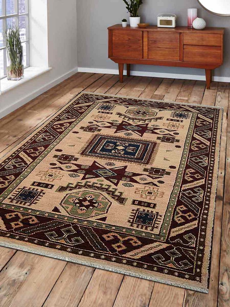 Af0102k0946a9 5 X 8 Ft. Kazak Hand Knotted Persian Afghan Wool & Silk Area Rug, Cream & Burgundy