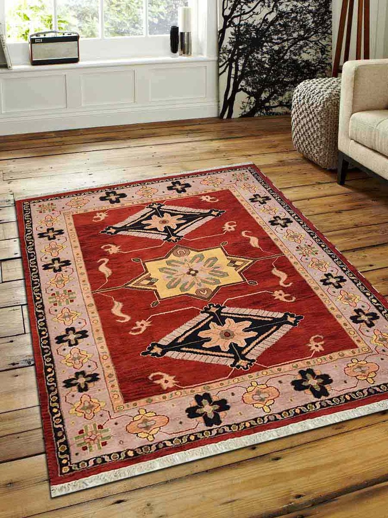 5 X 8 Ft. Kazak Hand Knotted Persian Afghan Wool & Silk Area Rug, Red & Beige