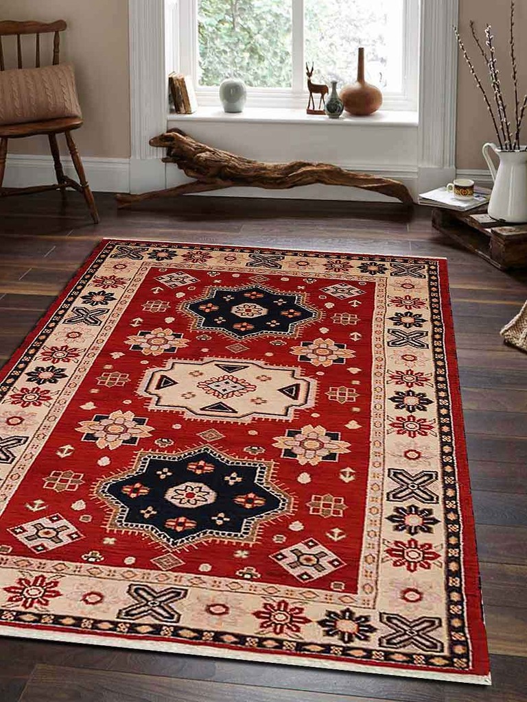 5 X 8 Ft. Kazak Hand Knotted Persian Afghan Wool & Silk Area Rug, Red & Cream