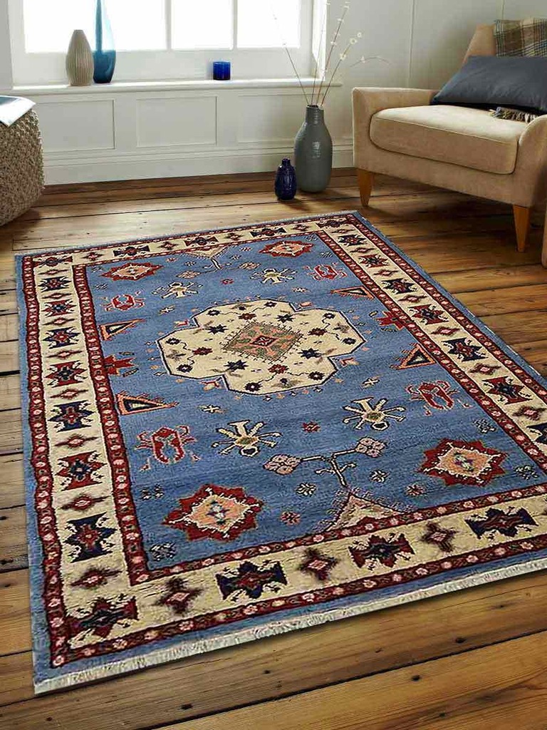 5 X 8 Ft. Kazak Hand Knotted Persian Afghan Wool & Silk Area Rug, Blue & White