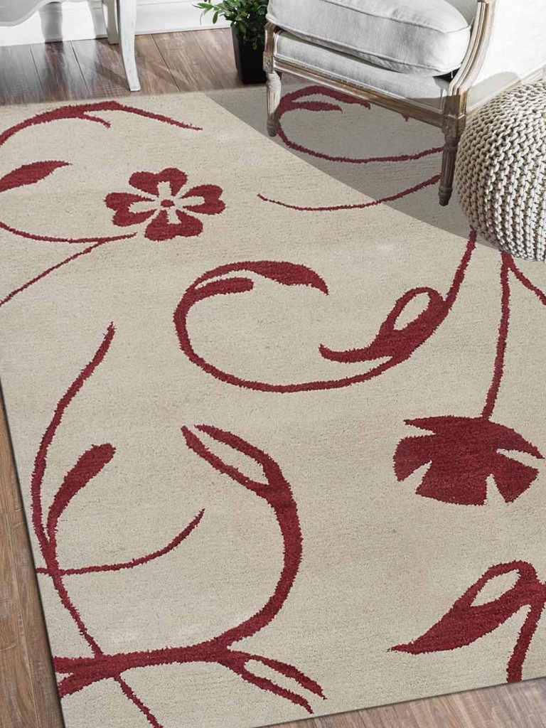 5 X 8 Ft. Floral Hand Tufted Woolen Area Rug, Red & Beige