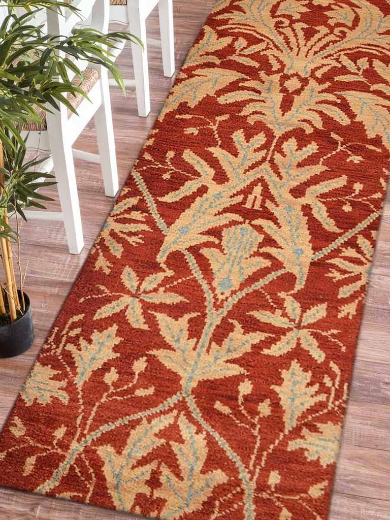 2 Ft. 6 In. X 10 Floral Hand Knotted Woolen Runner Area Rug, Red & Gold