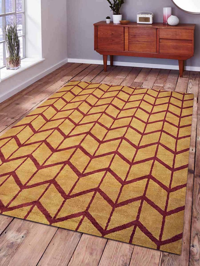 5 X 8 Ft. Geometric Hand Knotted Woolen Area Rug, Gold & Red