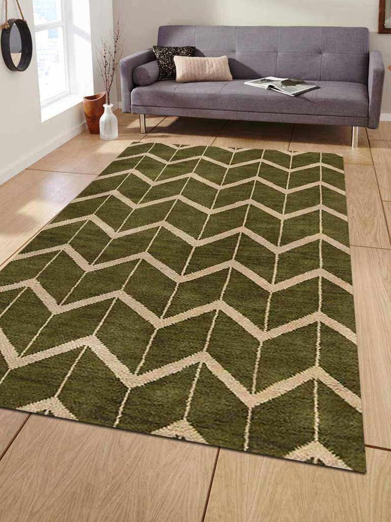 5 X 8 Ft. Geometric Hand Knotted Woolen Area Rug, Green & Beige