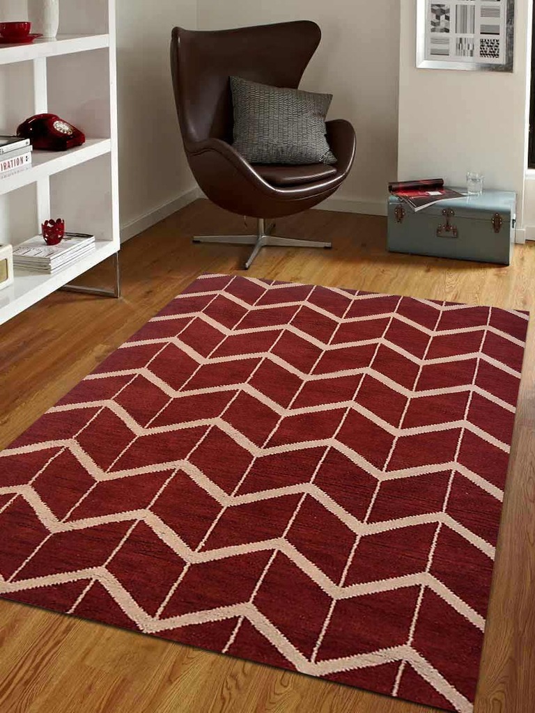 5 X 8 Ft. Geometric Hand Knotted Woolen Area Rug, Red & Beige