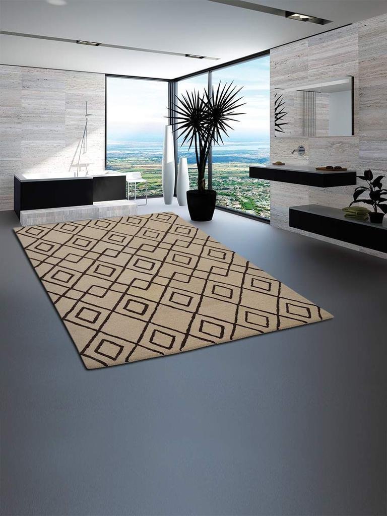 5 X 8 Ft. Geometric Hand Tufted Woolen Area Rug, Cream & Brown