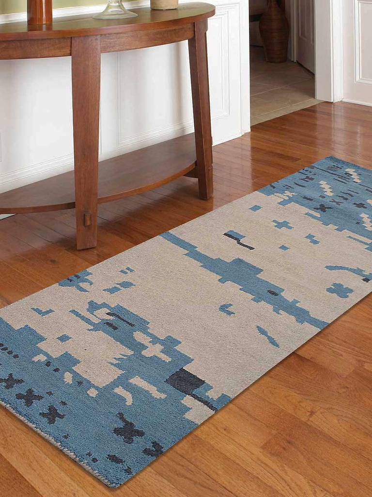 2 Ft. 6 In. X 8 Ft. Contemporary Hand Tufted Woolen Runner Area Rug, Beige & Blue