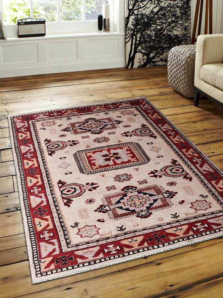 5 X 8 Ft. Hand Knotted Afghan Wool & Silk Area Rug, Cream & Red - Kazak