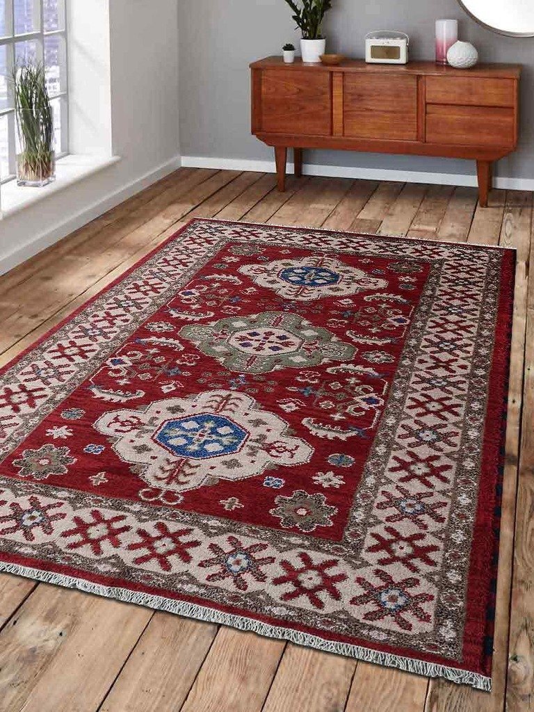 5 X 8 Ft. Hand Knotted Afghan Wool & Silk Area Rug, Red & Cream - Kazak