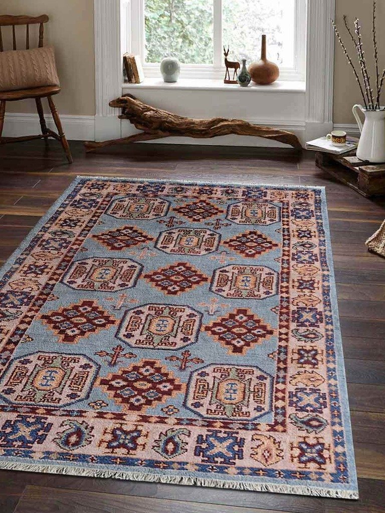 5 X 8 Ft. Hand Knotted Afghan Wool & Silk Area Rug, Aqua & Cream - Kazak