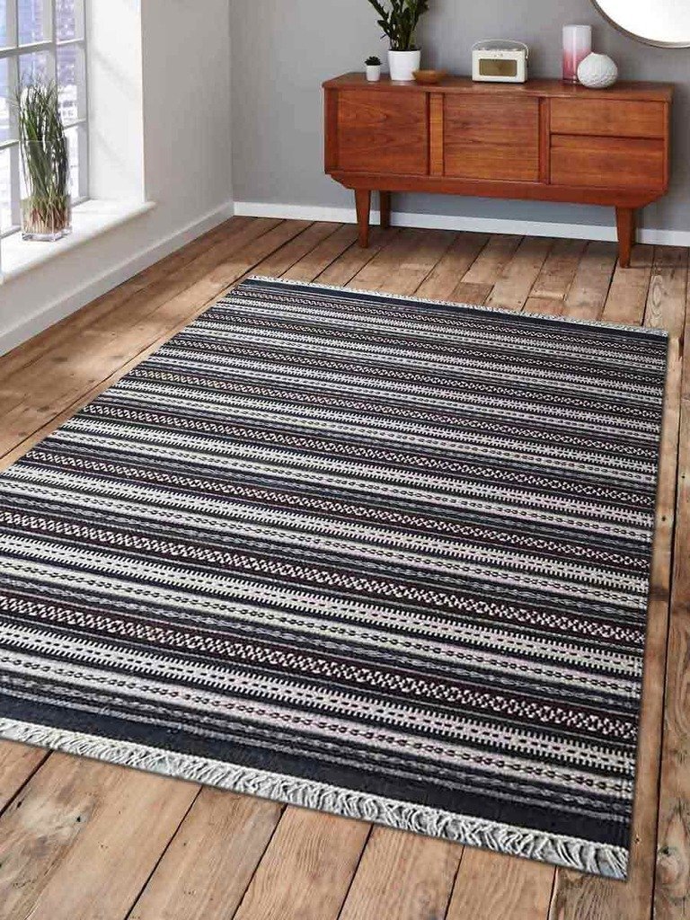 10 X 13 Ft. Hand Weave Kelim Wool Area Rug, Charcoal & White - Contemporary