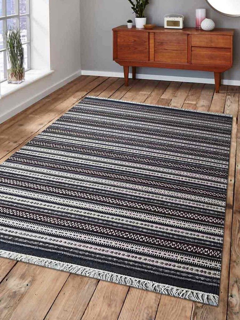 5 X 8 Ft. Hand Weave Kelim Wool Area Rug, Charcoal & White - Contemporary