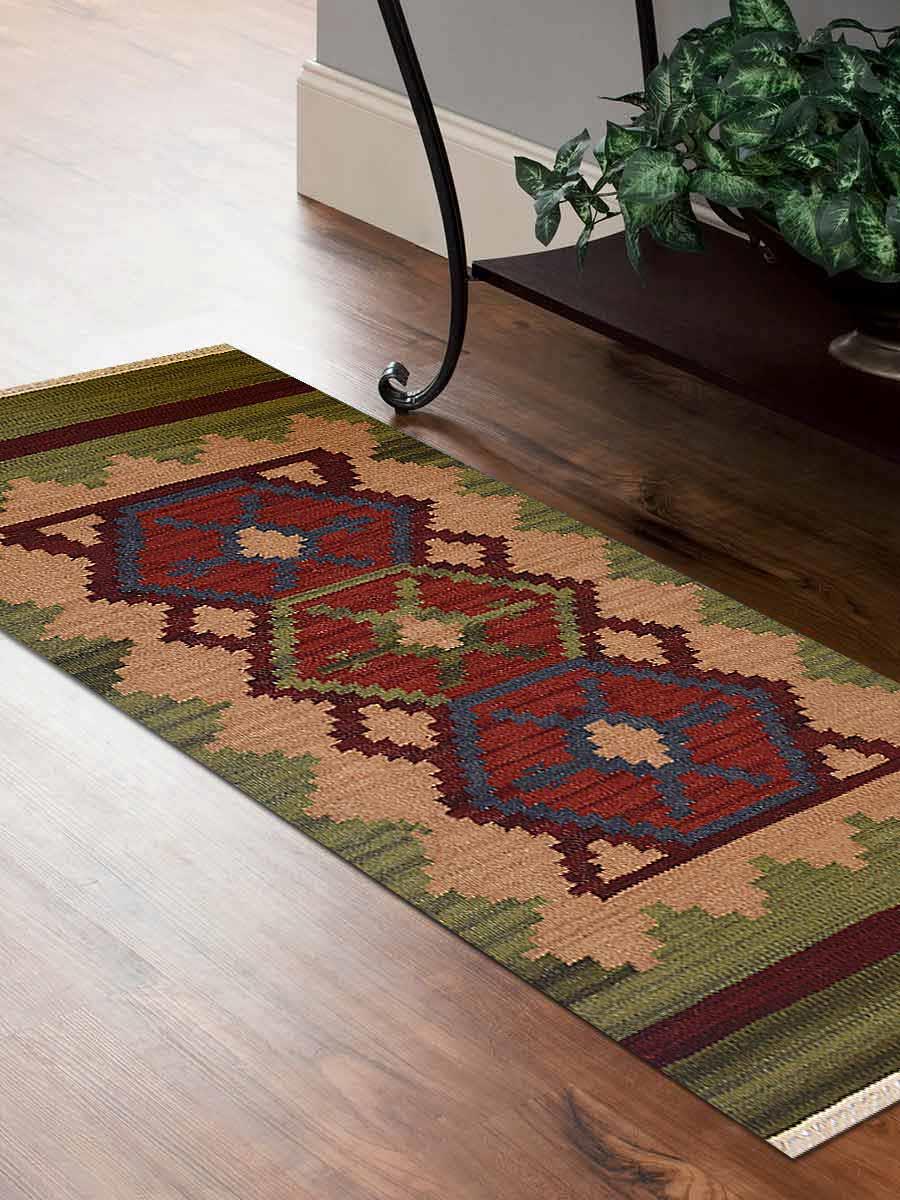 2 Ft. 6 In. X 6 Ft. Hand Woven Flat Weave Kilim Wool Contemporary Runner Area Rug, Burgundy & Olive