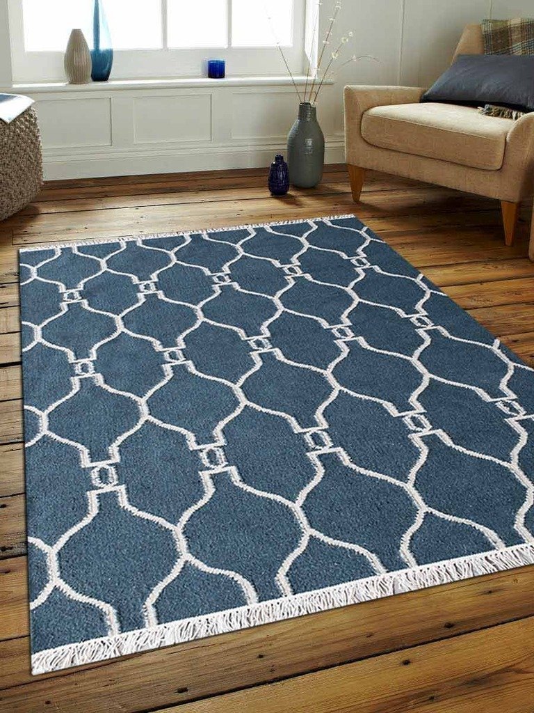 4 X 6 Ft. Hand Weave Kelim Wool Area Rug, Blue & White - Contemporary