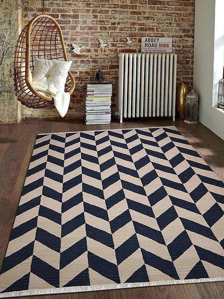 5 X 8 Ft. Hand Weave Kelim Wool Area Rug, Blue & White - Contemporary