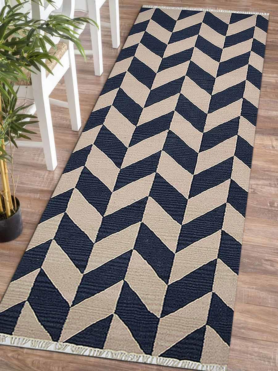 2 Ft. 6 In. X 10 Ft. Hand Woven Flat Weave Kilim Wool Contemporary Runner Area Rug, Blue & White