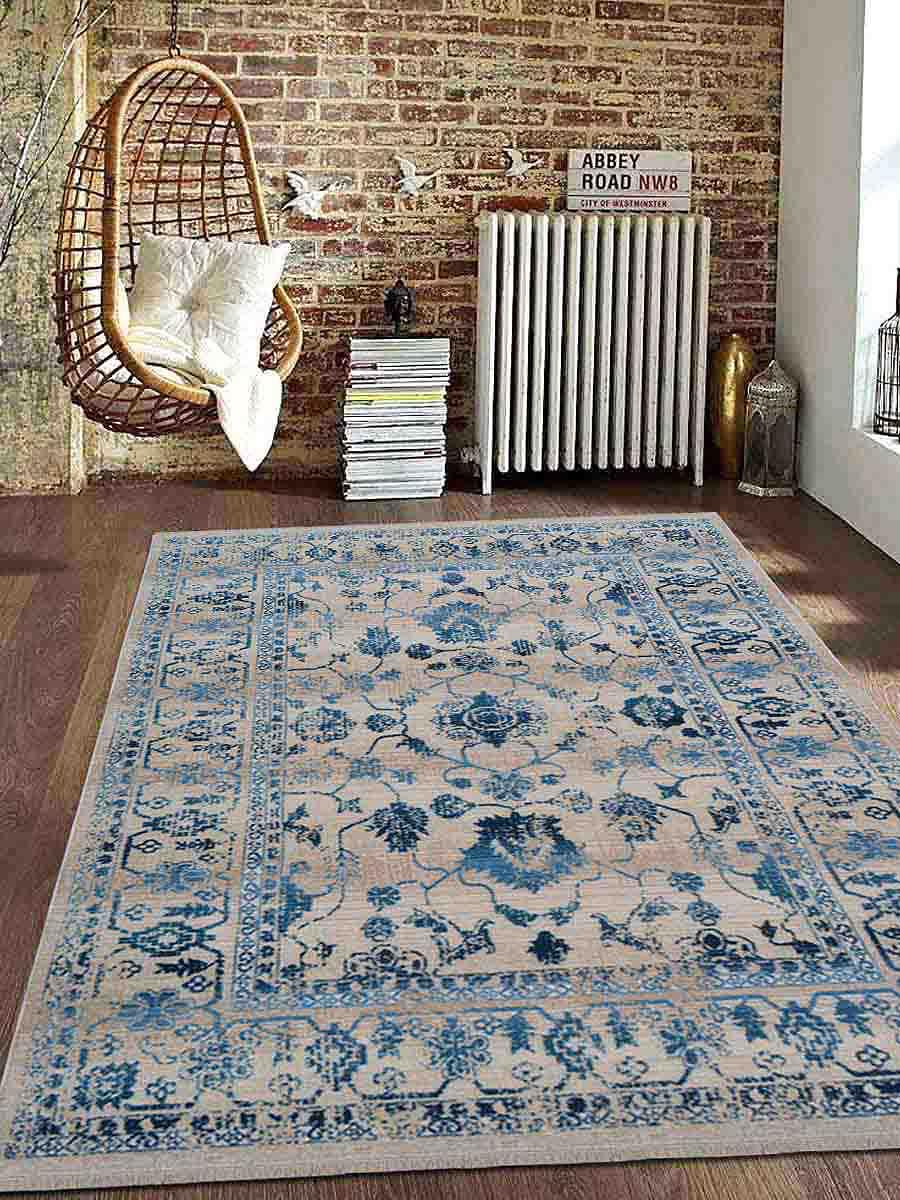 4 Ft. 8 In. X 6 Ft. 9 In. Machine Woven Crossweave Polyester Oriental Rectangle Area Rug, Ivory Blue