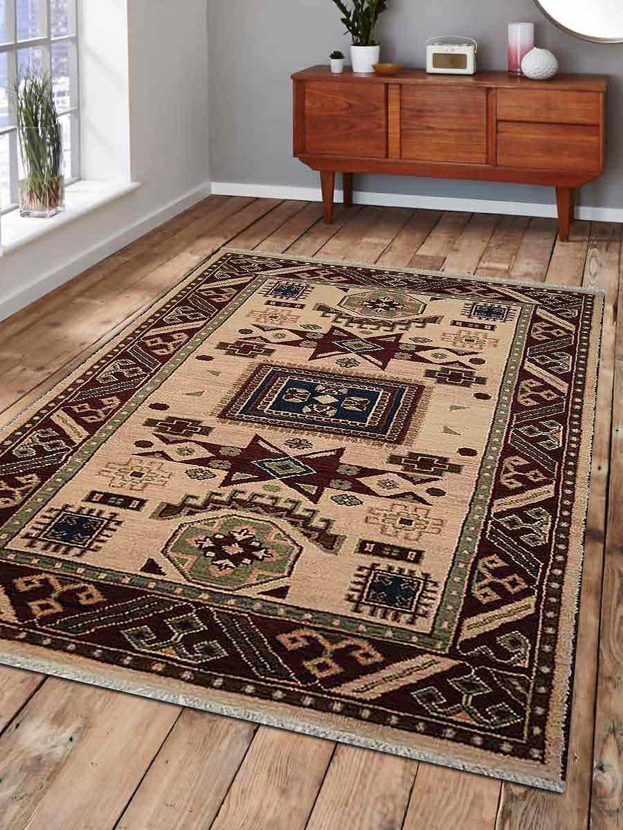 Get My Rugs Af0102k0946a18 10 X 13 Ft. Hand Knotted Afghan Wool And Silk Oriental Area Rug, Kazak - Cream Burgundy