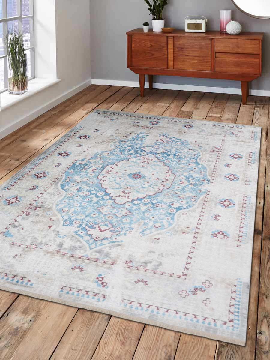 8 X 10 Ft. Cross Weave Machine Woven Polyester Turkish Oriental Area Rug - Ivory Blue