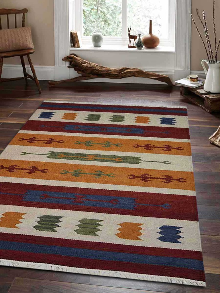 5 X 8 Ft. Contemporary Hand Woven Kelim Woolen Area Rug, Multi Color