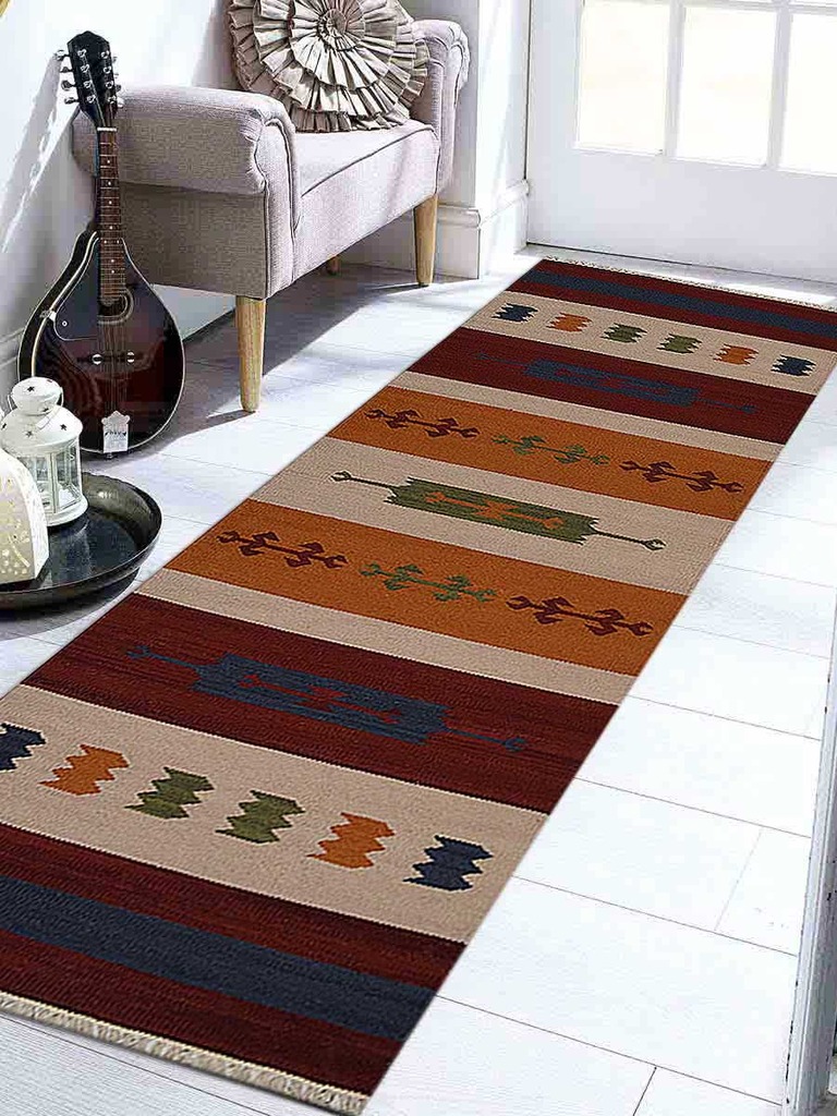2 Ft. 6 In. X 12 Ft. Contemporary Hand Woven Kelim Woolen Area Rug, Multi Color