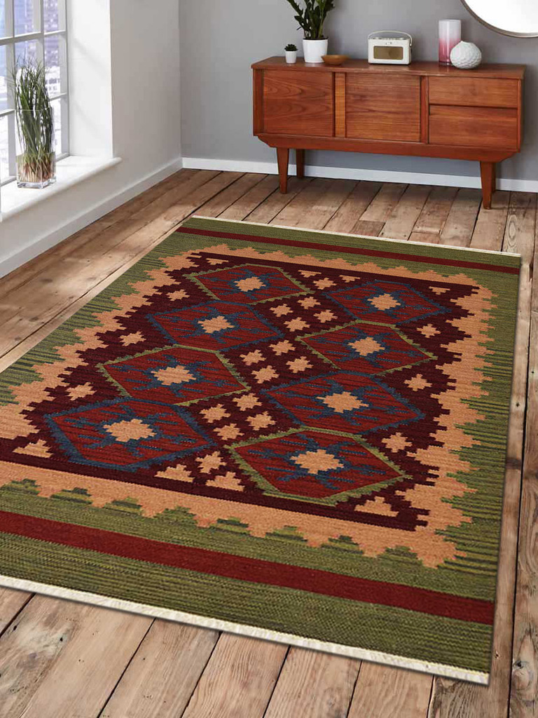 5 X 8 Ft. Contemporary Hand Woven Kelim Woolen Area Rug, Burgundy & Olive