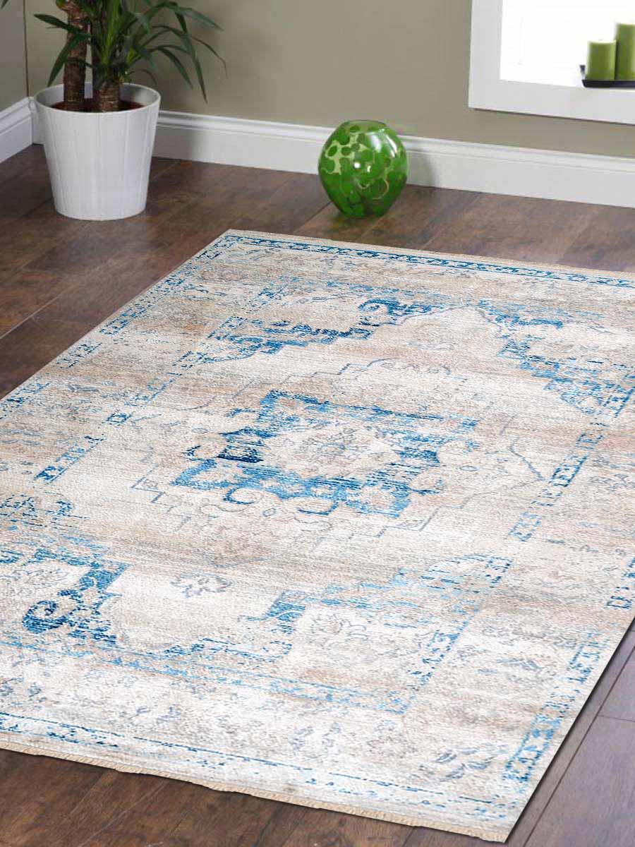 Usm00085c1703a11 Machine Woven Crossweave Polyester 6 X 9 Ft. Oriental Area Rug, Ivory & Blue