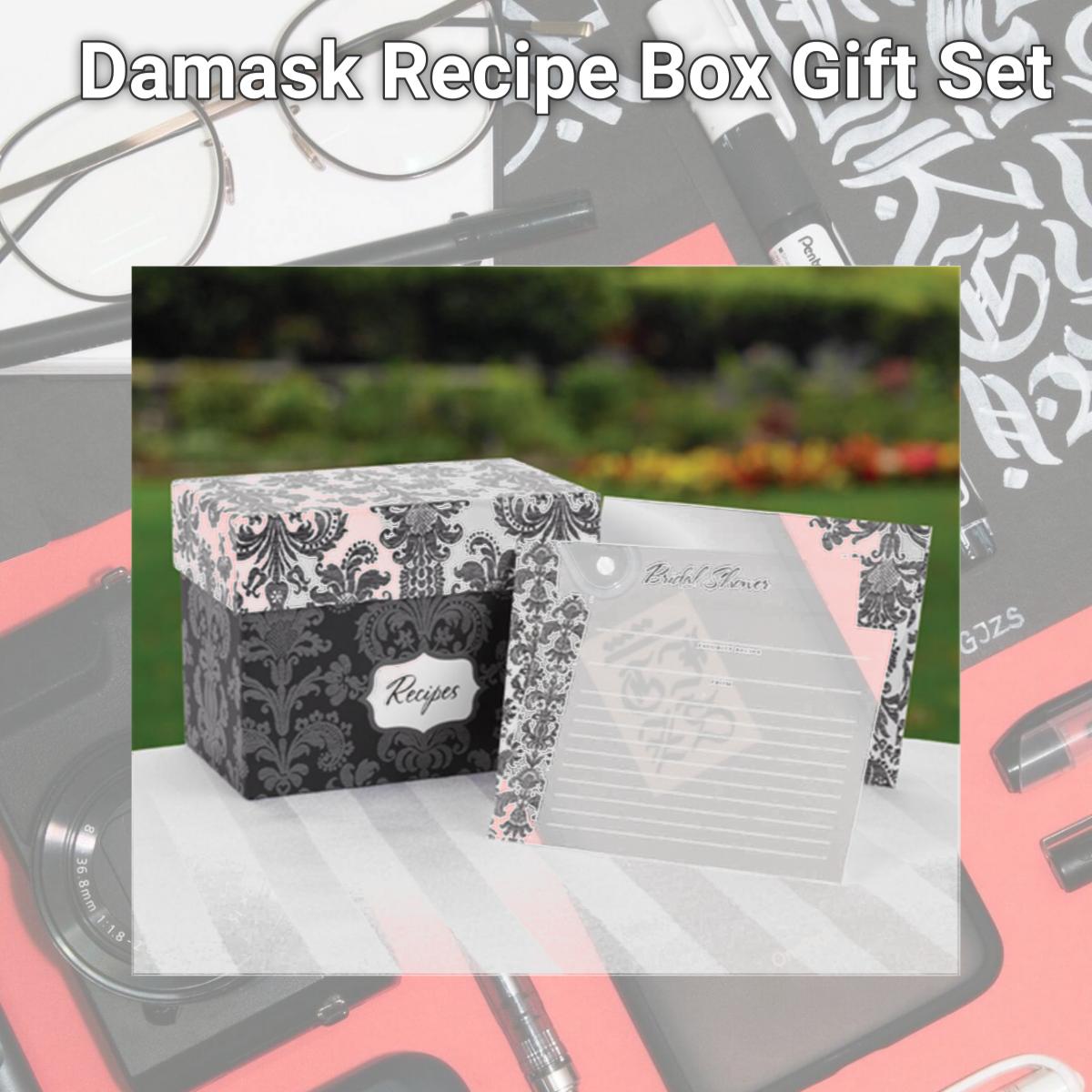 Picture of Hortense B. Hewitt 22620 Damask Recipe Box Gift Set