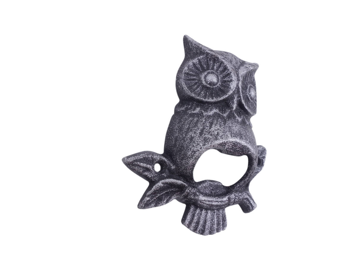 Picture of Handcrafted Model Ships K-9222-Owl-silver 6 x 2 x 2.5 in. Rustic Silver Cast Iron Owl Wall Mounted Bottle Opener