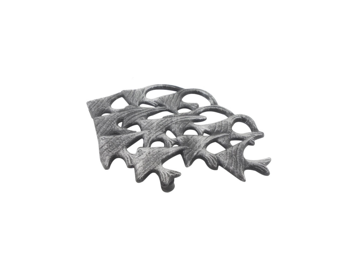 Picture of Handcrafted Model Ships K-9035A-silver 4 x 2 x 6.5 in. Rustic Silver Cast Iron School of Fish Kitchen Trivet