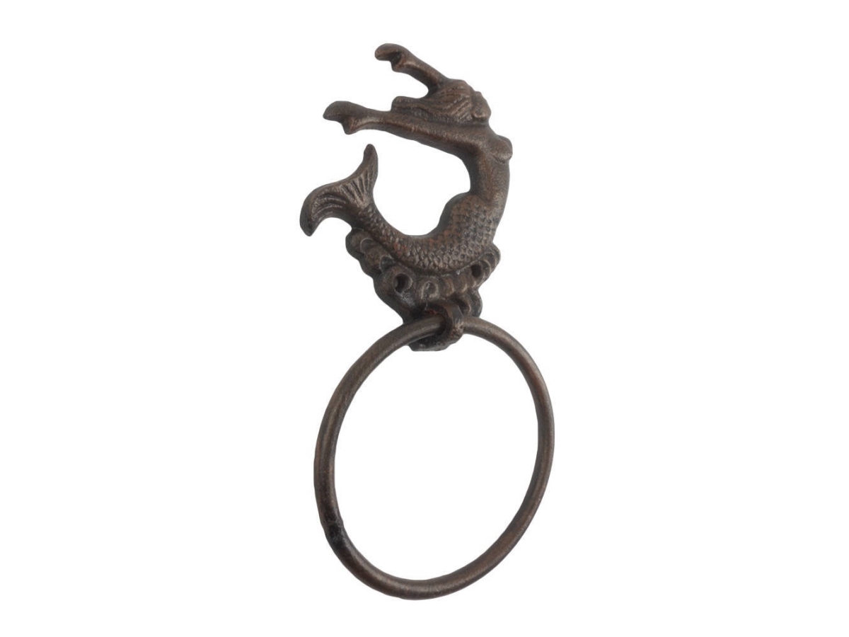 Picture of Handcrafted Model Ships K-9046-MER-rc 9 x 1 x 5 in. Rustic Copper Cast Iron Decorative Arching Mermaid Towel Holder