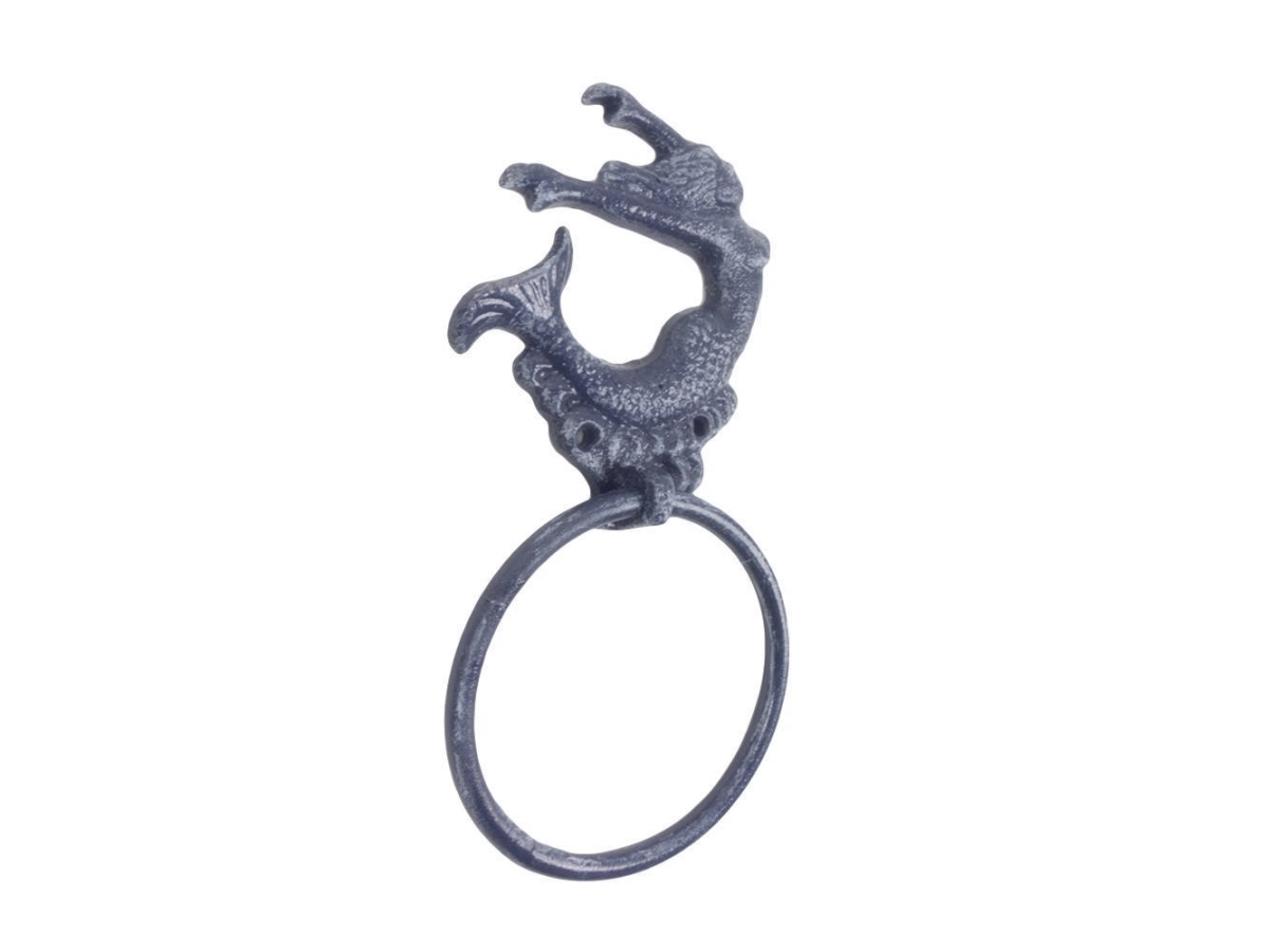 Picture of Handcrafted Model Ships K-9046-MER-Solid-Dark-Blue 9 x 1 x 5 in. Rustic Dark Blue Cast Iron Arching Mermaid Towel Holder
