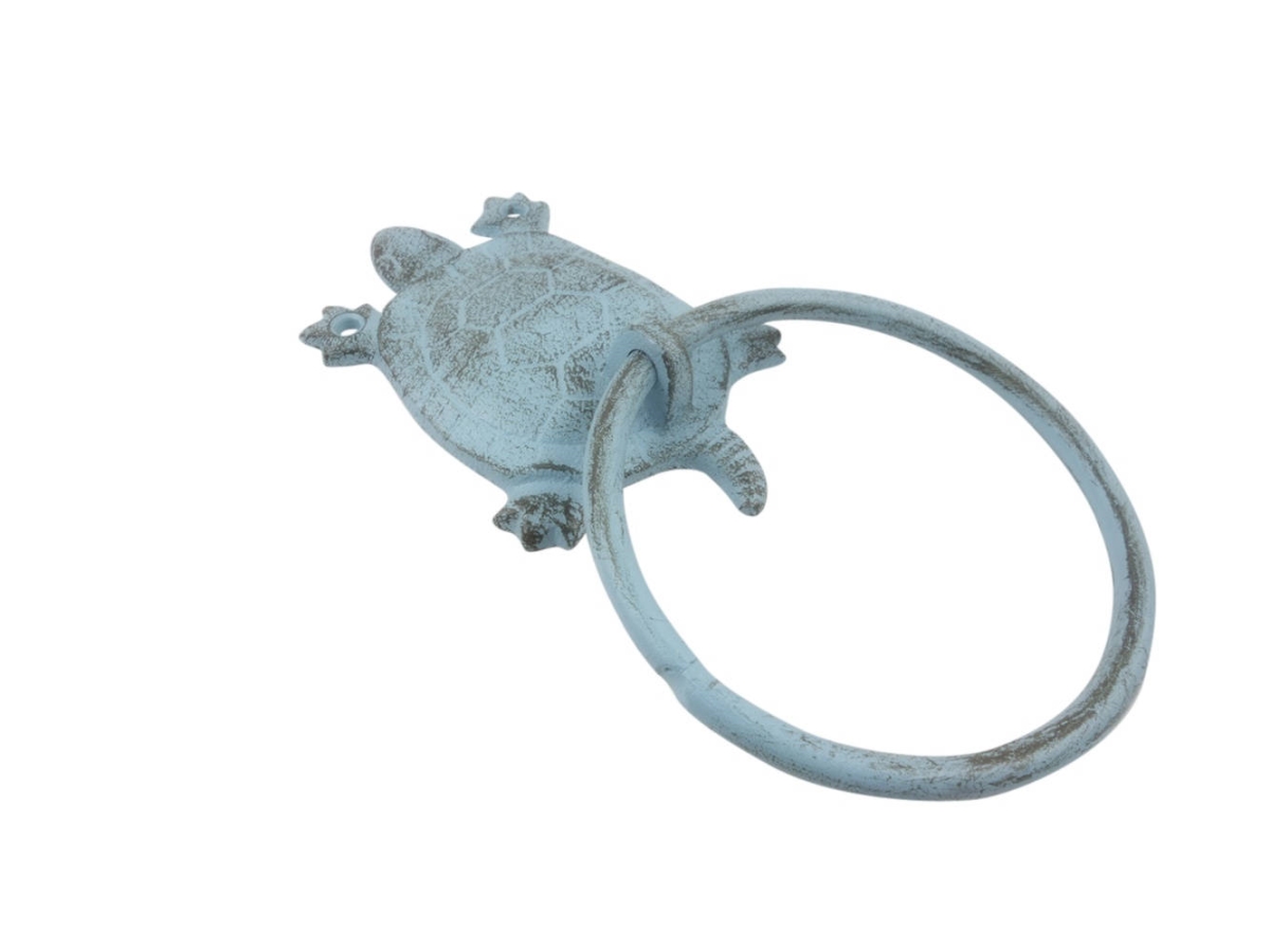 Picture of Handcrafted Model Ships K-9048-T-solid-light-blue 8 x 1 x 5 in. Rustic Light Blue Cast Iron Decorative Turtle Towel Holder