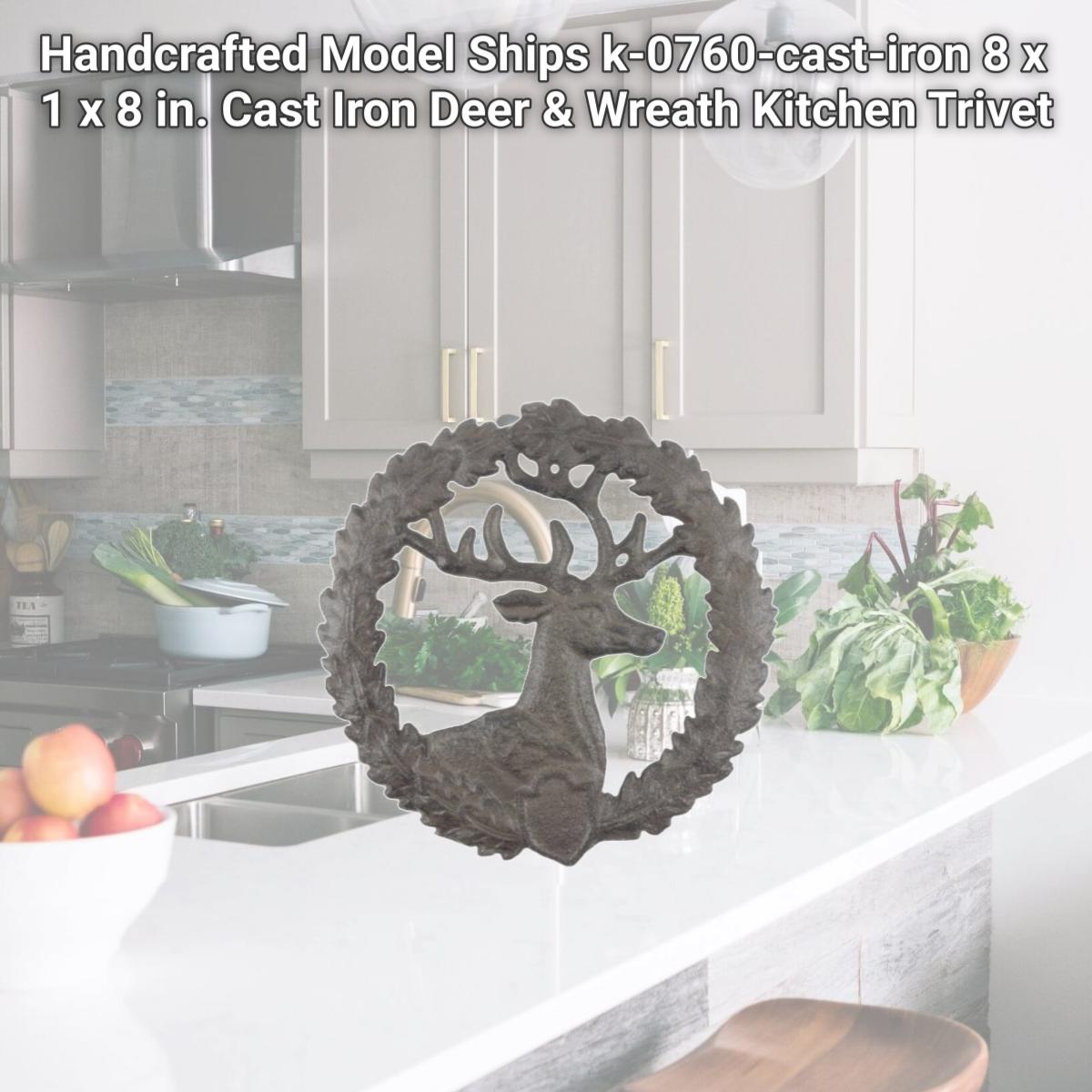 Picture of Handcrafted Model Ships k-0760-cast-iron 8 x 1 x 8 in. Cast Iron Deer & Wreath Kitchen Trivet