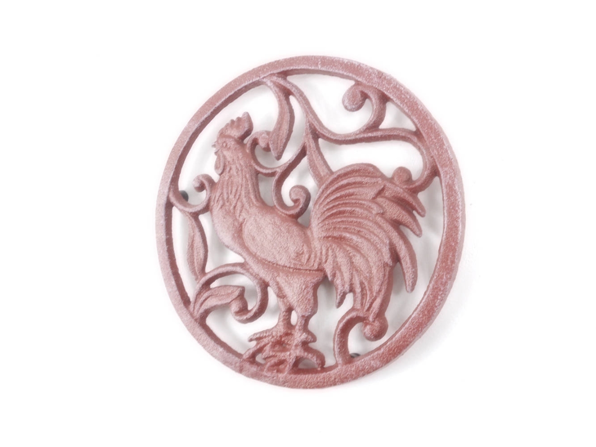 Picture of Handcrafted Model Ships K-0239-ww-red 1 x 8 x 8 in. Rustic Red Whitewashed Cast Iron Rooster Trivet