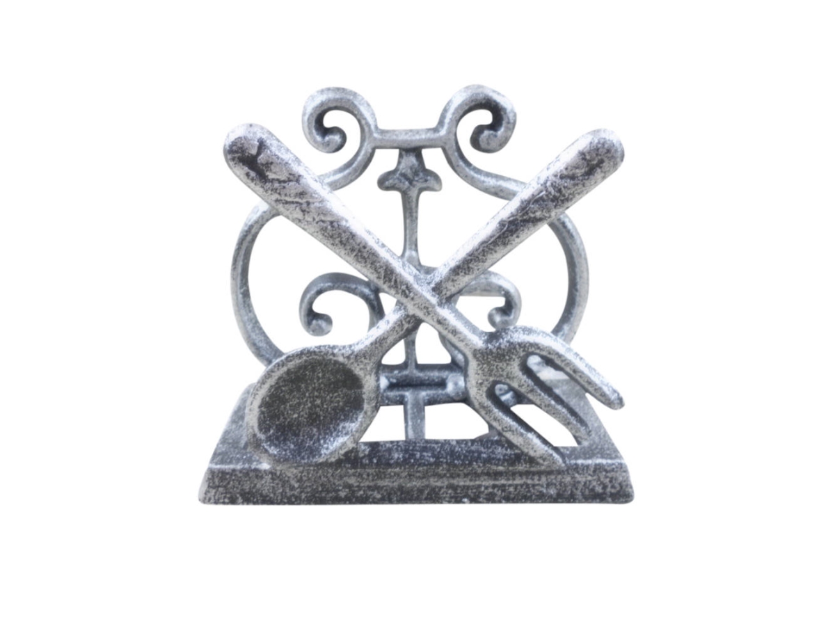 Picture of Handcrafted Model Ships k-9312-FS-silver 4.5 x 2.5 x 5 in. Rustic Silver Cast Iron Fork & Spoon Kitchen Napkin Holder