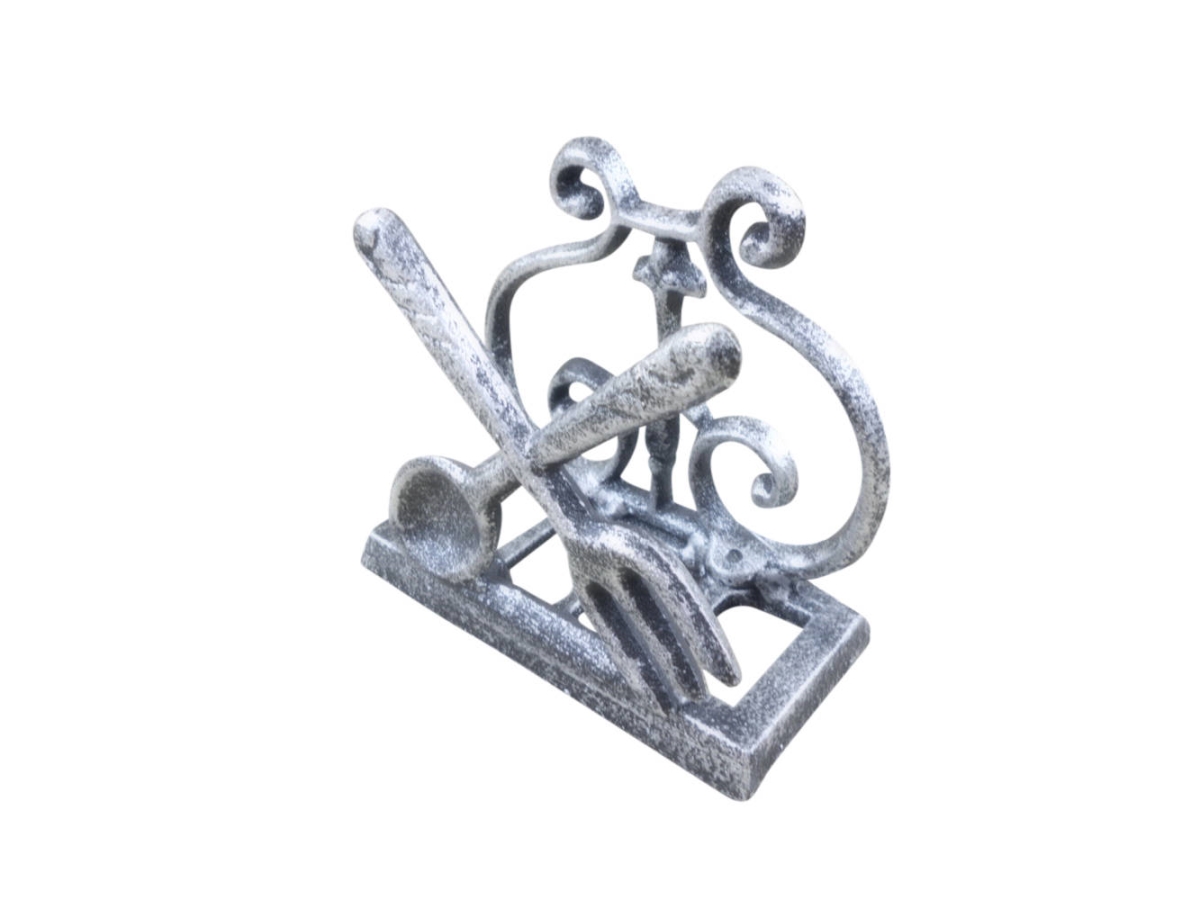 Picture of Handcrafted Model Ships k-9312-FS-silver 4.5 x 2.5 x 5 in. Rustic Silver Cast Iron Fork & Spoon Kitchen Napkin Holder