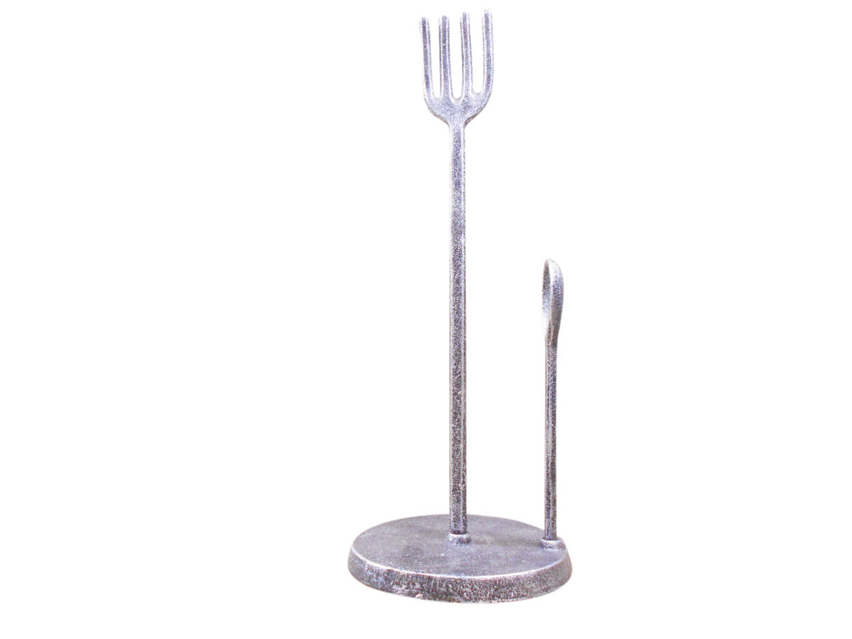 Picture of Handcrafted Model Ships k-9316-FS-silver 15 x 6 x 6 in. Rustic Silver Cast Iron Fork & Spoon Kitchen Paper Towel Holder