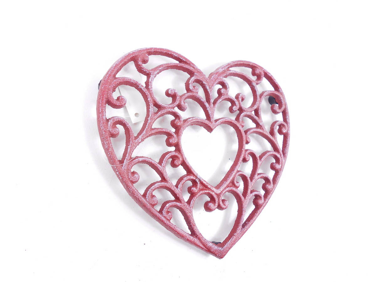Picture of Handcrafted Model k-0215-ww-red 8 x 1 x 7 in. Whitewashed Cast Iron Decorative Heart Kitchen Trivet, Rustic Red