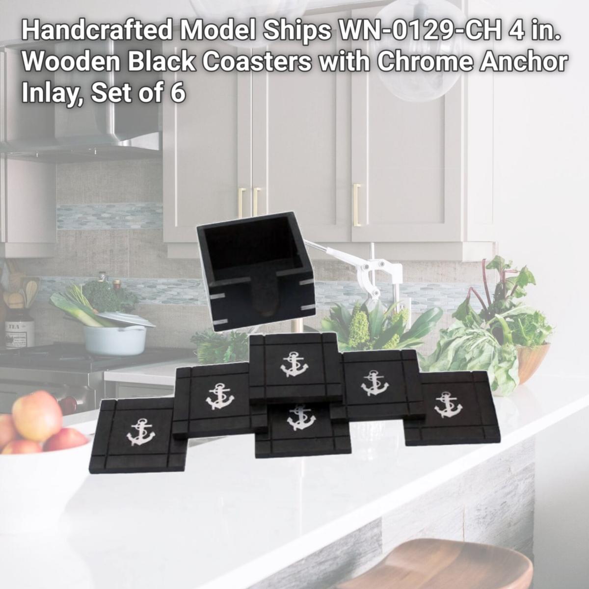 Picture of Handcrafted Model Ships WN-0129-CH 4 in. Wooden Black Coasters with Chrome Anchor Inlay, Set of 6